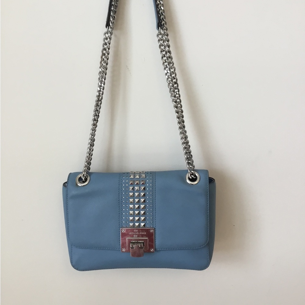 Michael Kors Tina Studded Flap Bag Lt. Blue Saffiano Leather Wear 2-ways - Picture 3 of 13